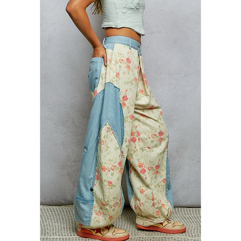 NWT POL Bohemian Floral Denim Barrel Jeans S M L - Picture 2 of 4